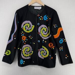 ULTIMATE Jacket Womens M Abstract Patchwork Art To Wear Button Up Black VTG